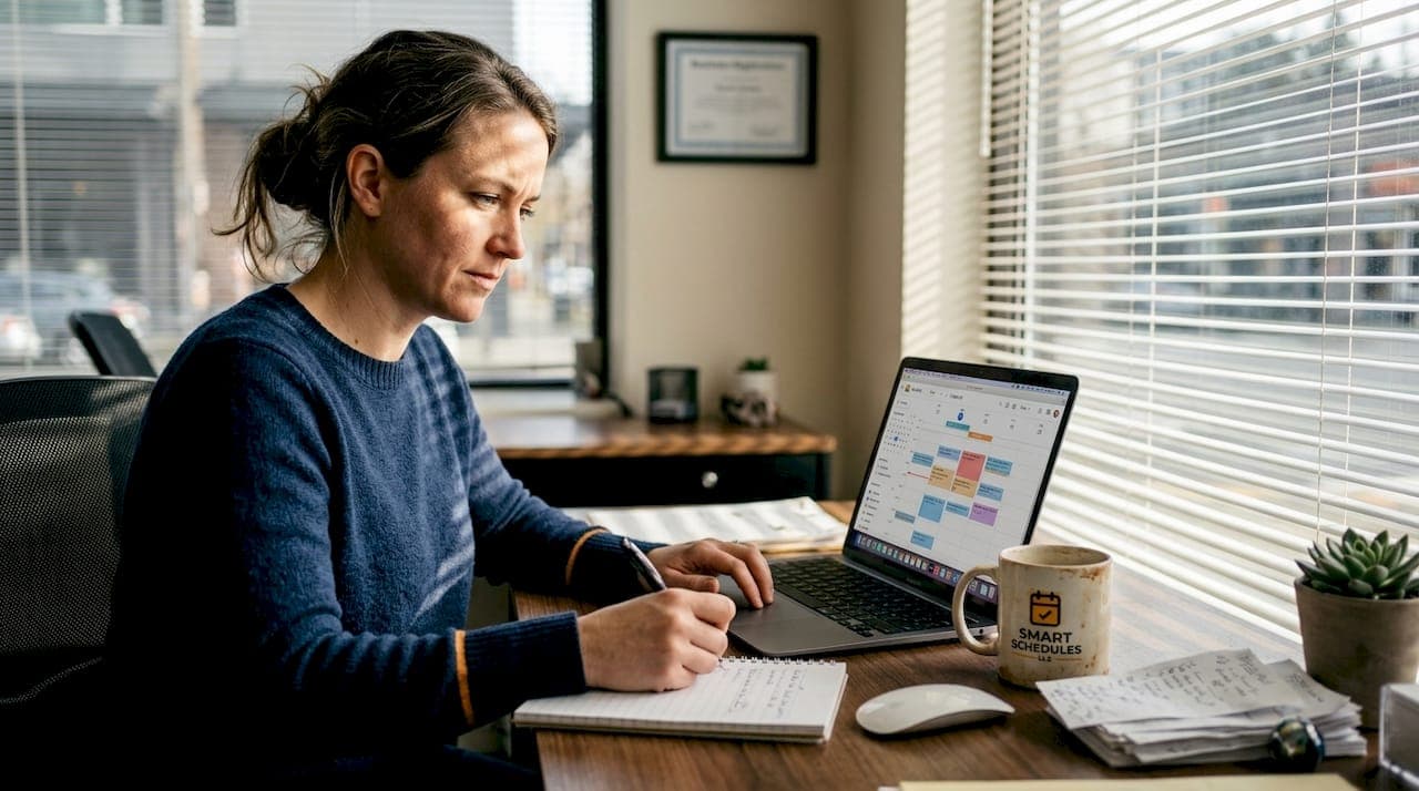 Small business owner at her desk reviewing a colourful online scheduling calendar on a laptop while writing appointments in a notebook